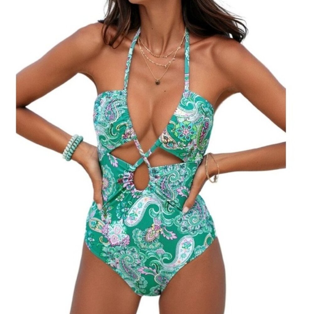 NWT Cupshe Blue Paisley Cut Out Halter Top One Piece Swimsuit Size Large